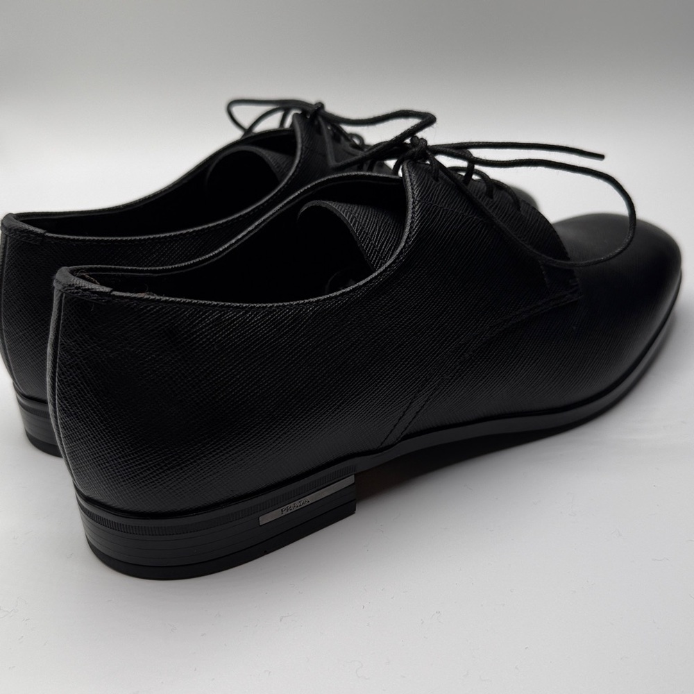 Prada Men's Black Textured Leather Plain Toe Derby Shoes Size 7 - Picture 7 of 10